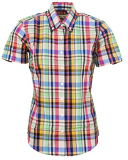 Relco Ladies Retro Multi Coloured Check Button Down Short Sleeved Shirts